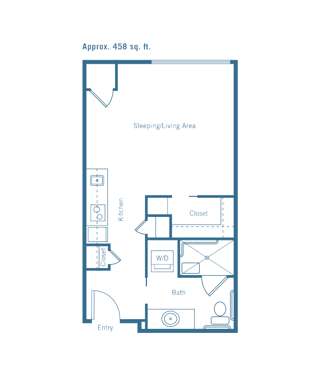 A floor plan of a studio apartment measuring approximately 435 square feet, featuring an open living area, kitchen, bathroom, and closet.