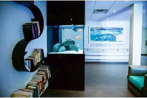 A modern interior featuring a stylish bookshelf and an aquarium, complemented by a large artwork on the wall.