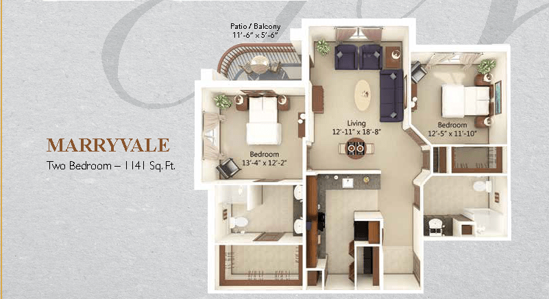 A detailed floor plan of a one-bedroom apartment, featuring a living area, kitchen, bathroom, and patio/balcony.