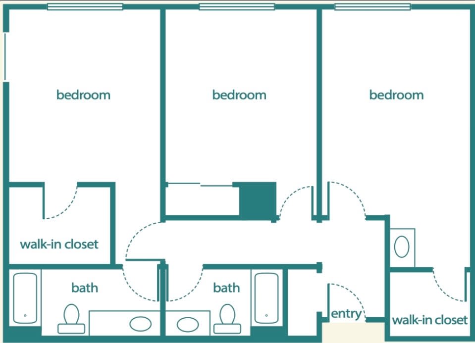 A floor plan depicting an apartment layout with three bedrooms and two bathrooms.