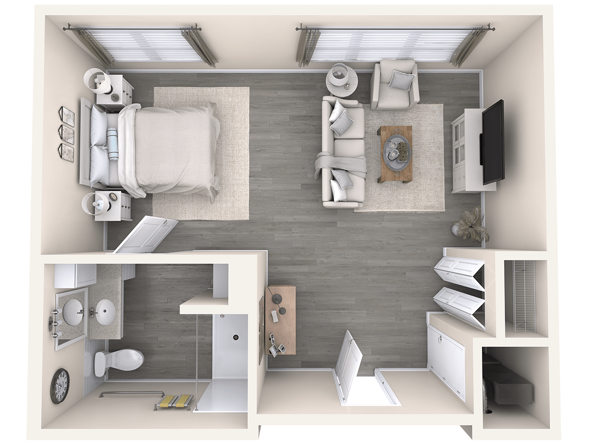 A top view of a studio apartment floor plan showcasing an open living and sleeping area with modern furnishings.