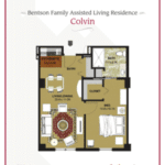 Floor plan of an assisted living residence, showing a layout with a living room, bedroom, kitchen, and bathroom.