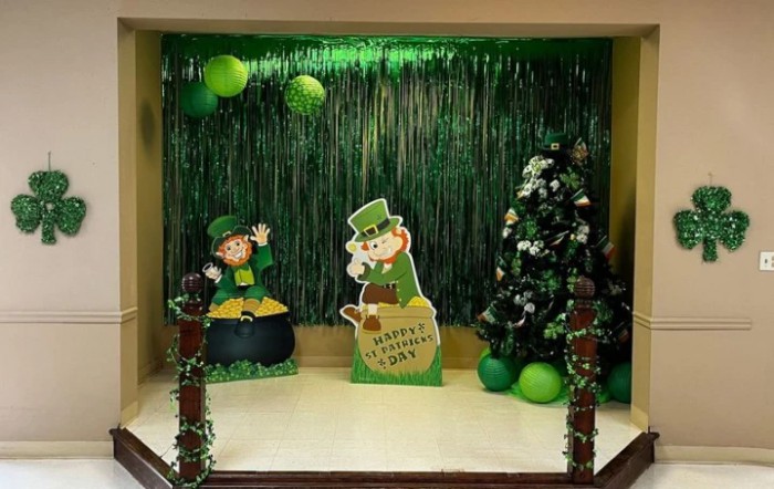 A festive St. Patrick's Day display featuring leprechauns and green decorations.