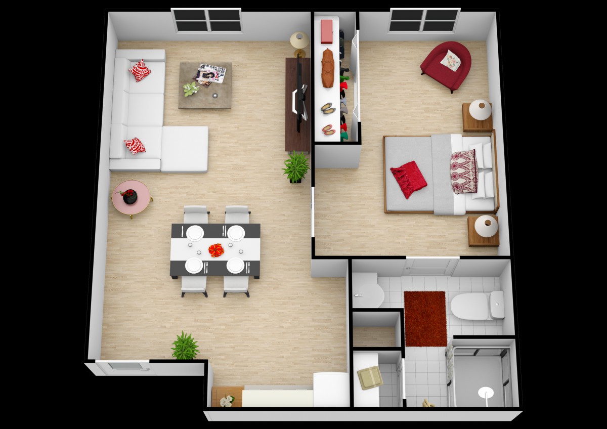 A modern apartment floor plan featuring a living room, dining area, kitchen, bedroom, and bathroom.