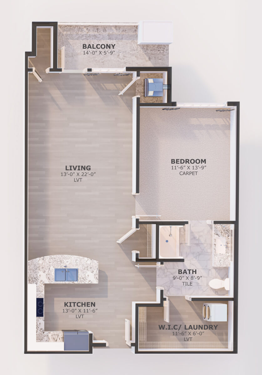 A floor plan illustrating a one-bedroom apartment layout, featuring a living room, kitchen, and bathroom.