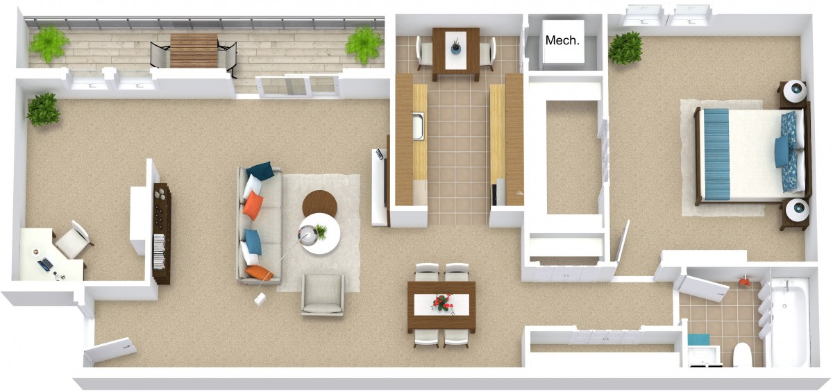 A detailed floor plan of an apartment featuring a living room, kitchen, and dining area.