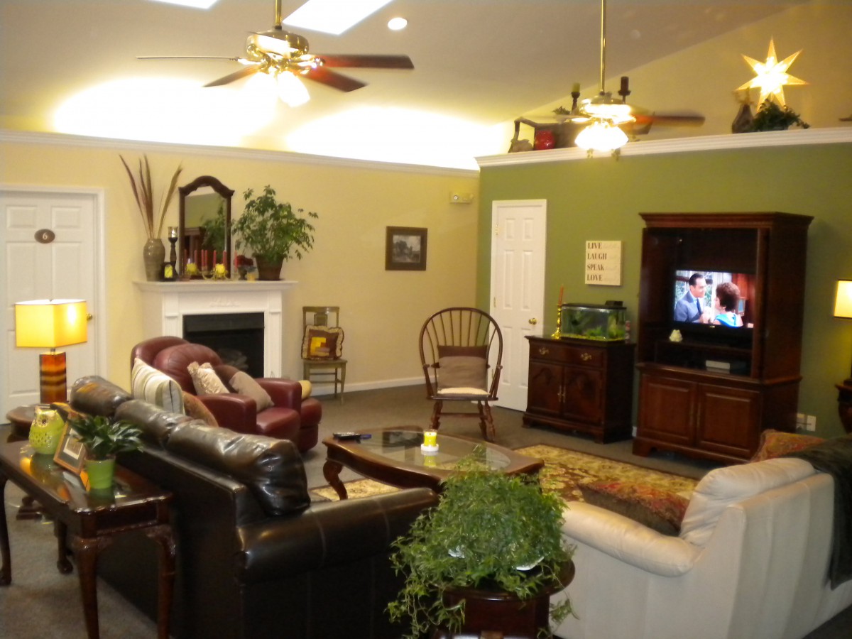 A cozy living room with couches, a fireplace, and a television.
