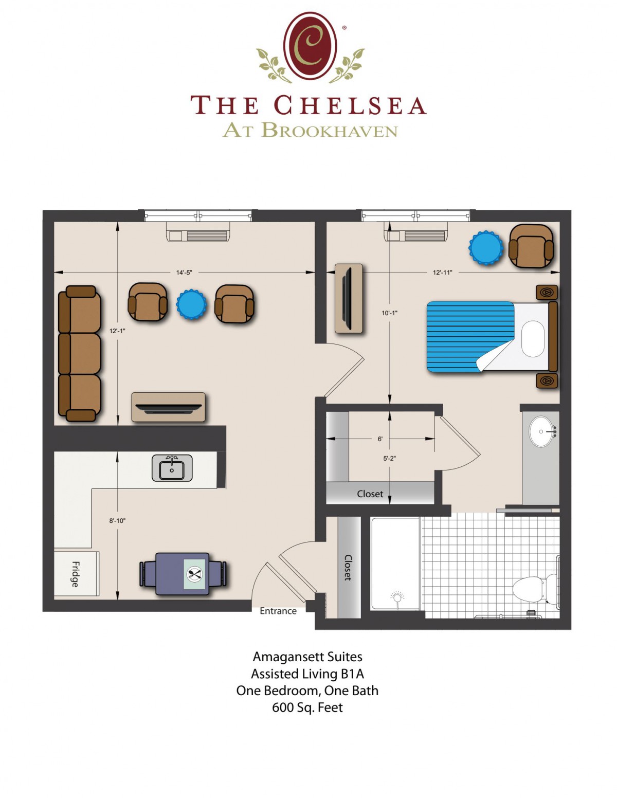 The Chelsea Apartment Suite Floor Plan - One Bedroom, One Bath.