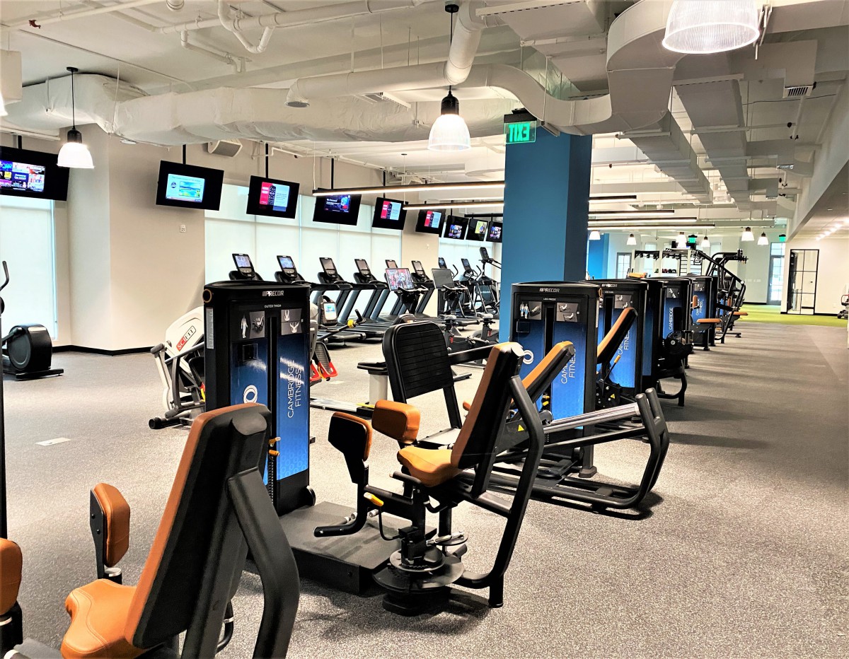 A modern gym with various exercise machines and treadmills.