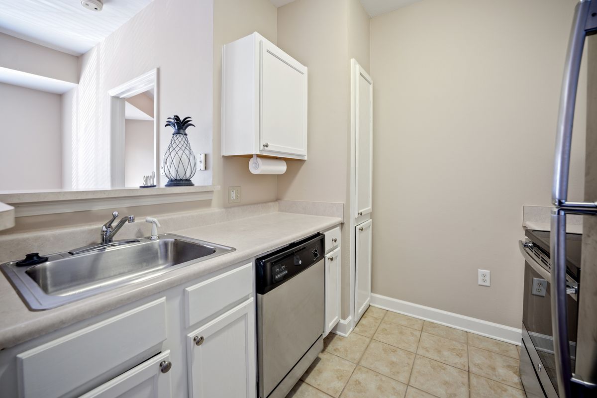 A modern kitchen with white cabinets and a built-in dishwasher.