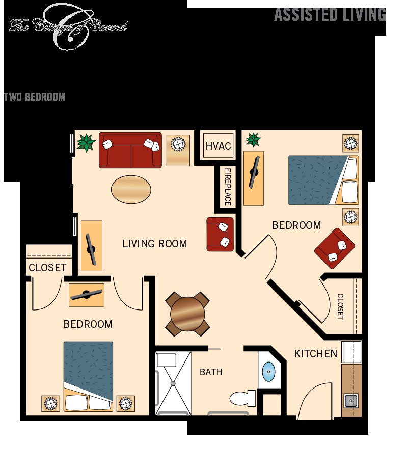A two-bedroom apartment floor plan with a kitchen, living room, and bathroom.