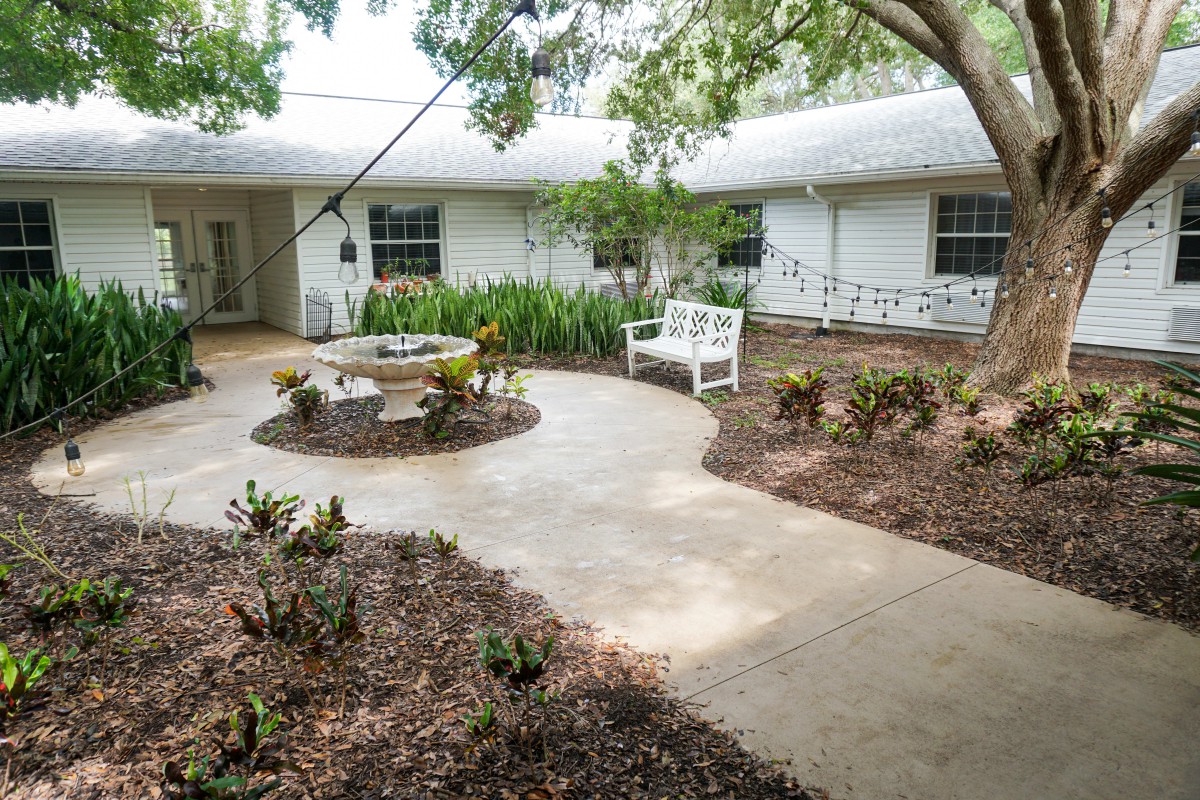 A peaceful courtyard with a curved pathway, surrounded by lush greenery and featuring a bench for outdoor seating.