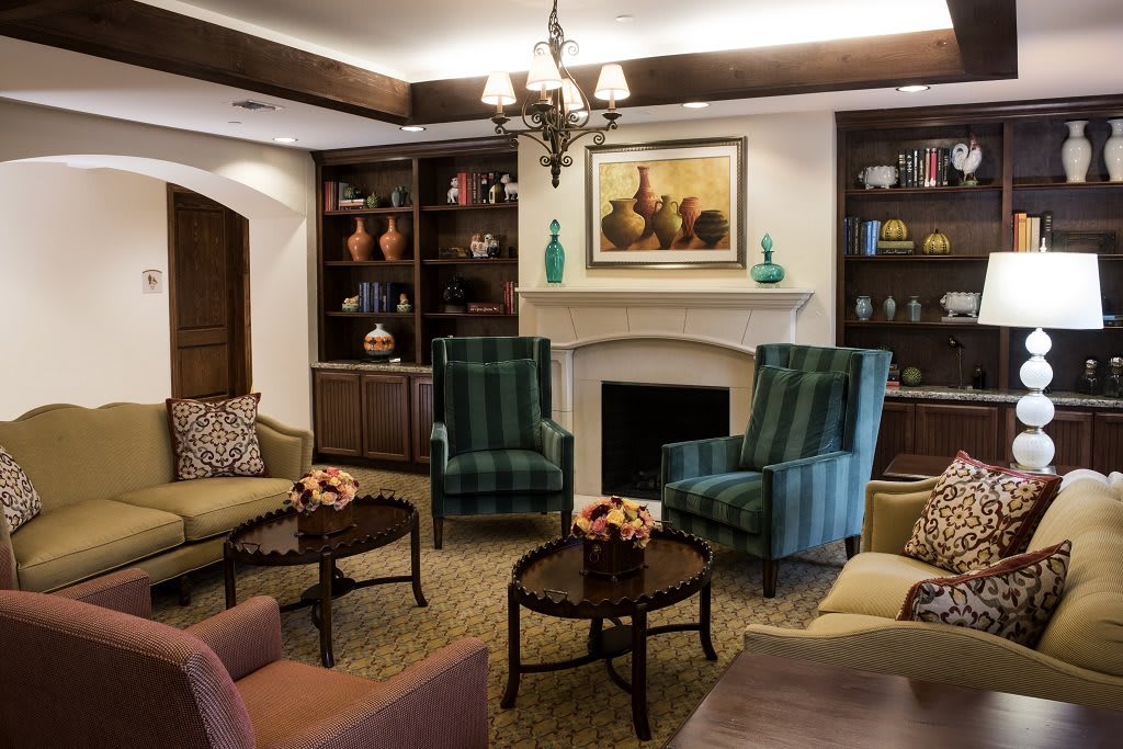 A cozy living room featuring comfortable seating, a fireplace, and elegant bookshelves.