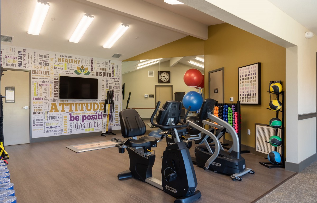 A modern gym with exercise bikes, colorful fitness balls, and motivational quotes on the wall.