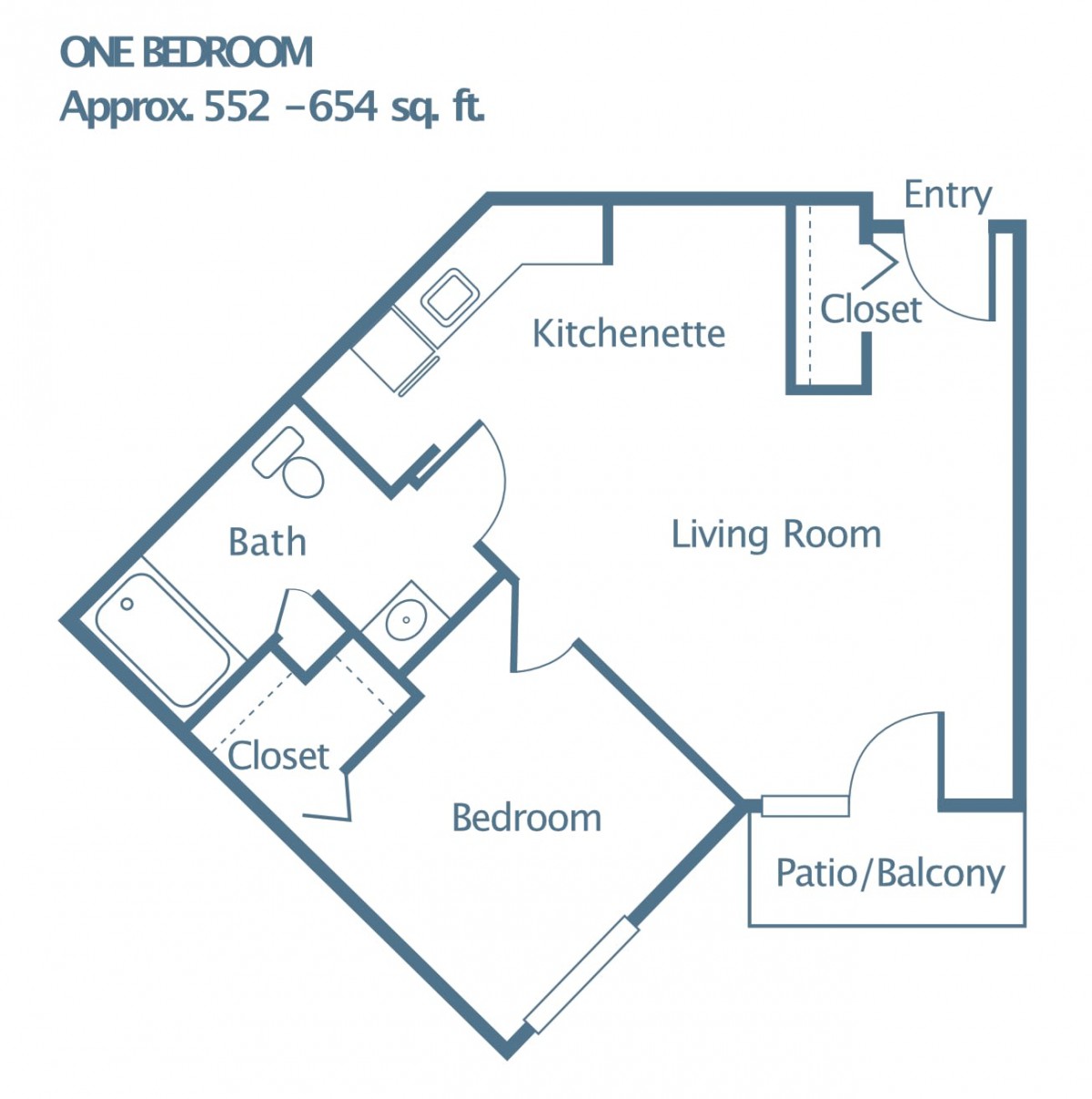 Floor plan of a one-bedroom apartment with approximately 552-654 square feet, featuring a living room, kitchenette, bathroom, closet, and patio/balcony.