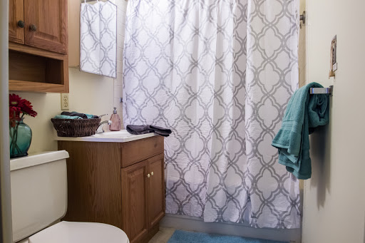 A cozy bathroom featuring a patterned shower curtain and neatly arranged towels.