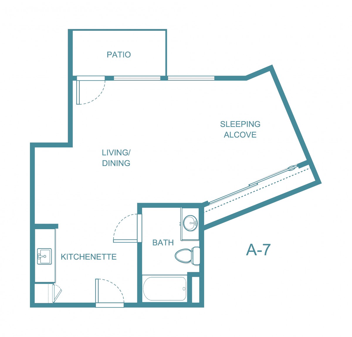 A blueprint of a studio apartment layout featuring a patio, living/dining area, sleeping alcove, kitchen, and bathroom.