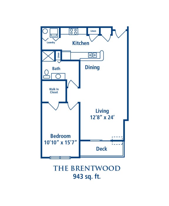 The Brentwood floor plan featuring a one-bedroom apartment with a living area, kitchen, bathroom, and dining space.