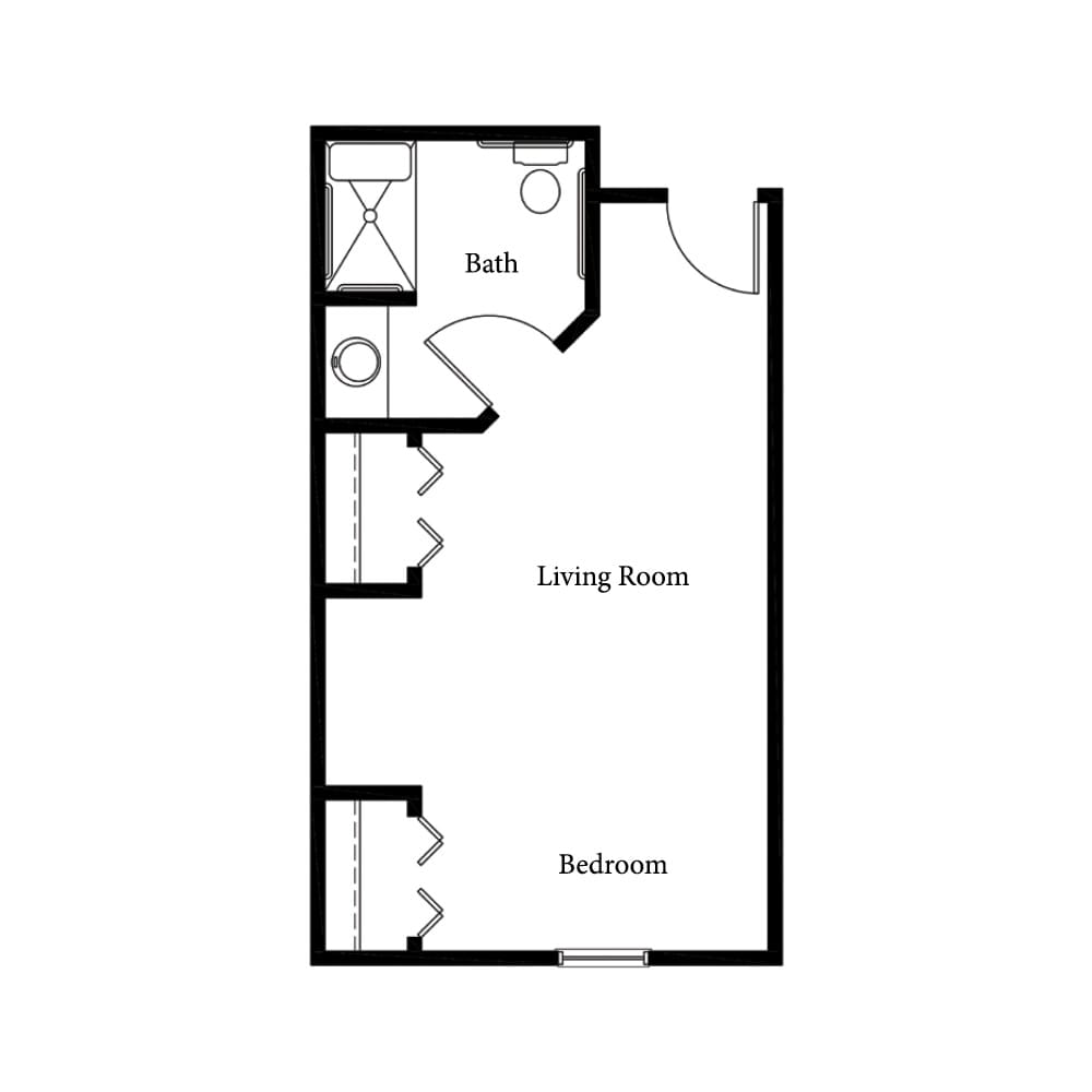 A simple floor plan of a one-bedroom apartment featuring a living room, bathroom, and bedroom.