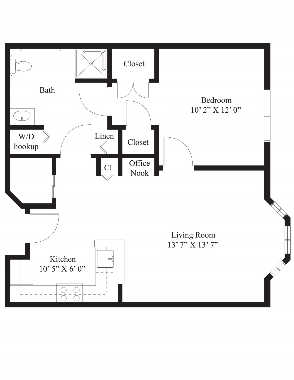 A floor plan of a one-bedroom apartment showing the layout including kitchen, living room, bathroom, and closets.