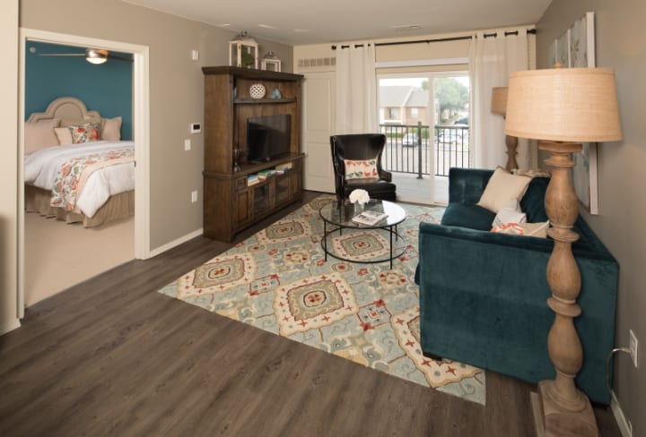 A cozy living room featuring a sofa, television set, and elegant decor with a patterned rug and wooden flooring.