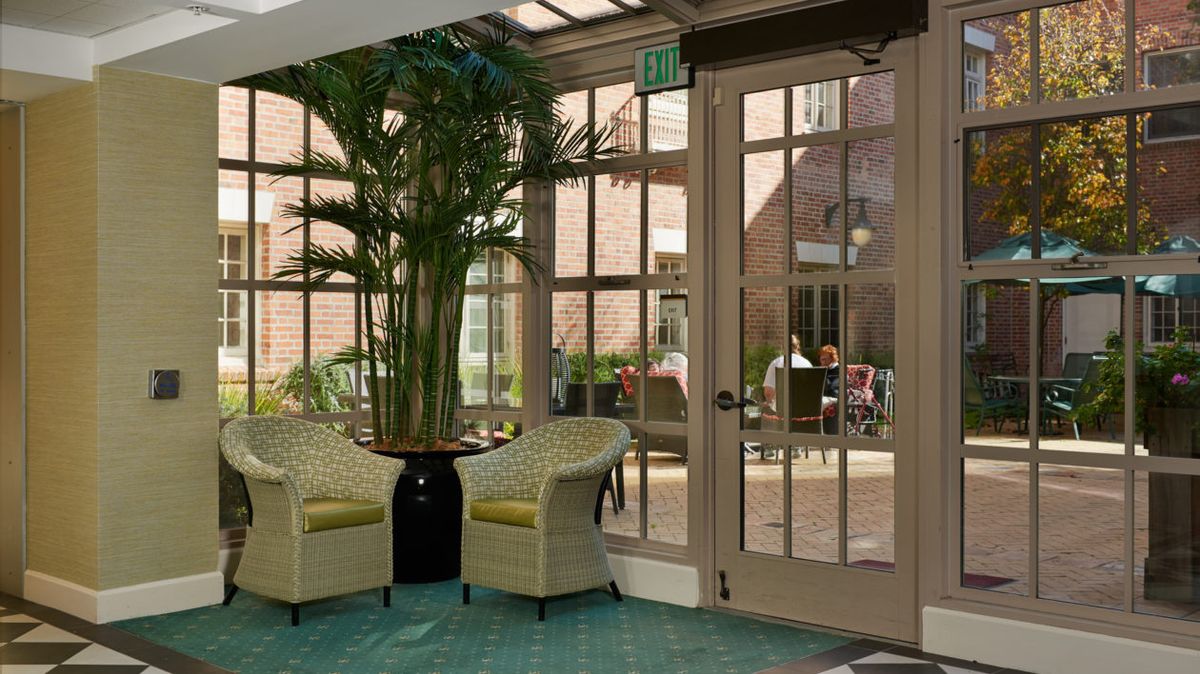A cozy lounge area with wicker chairs and a large potted plant, illuminated by natural light through glass doors.