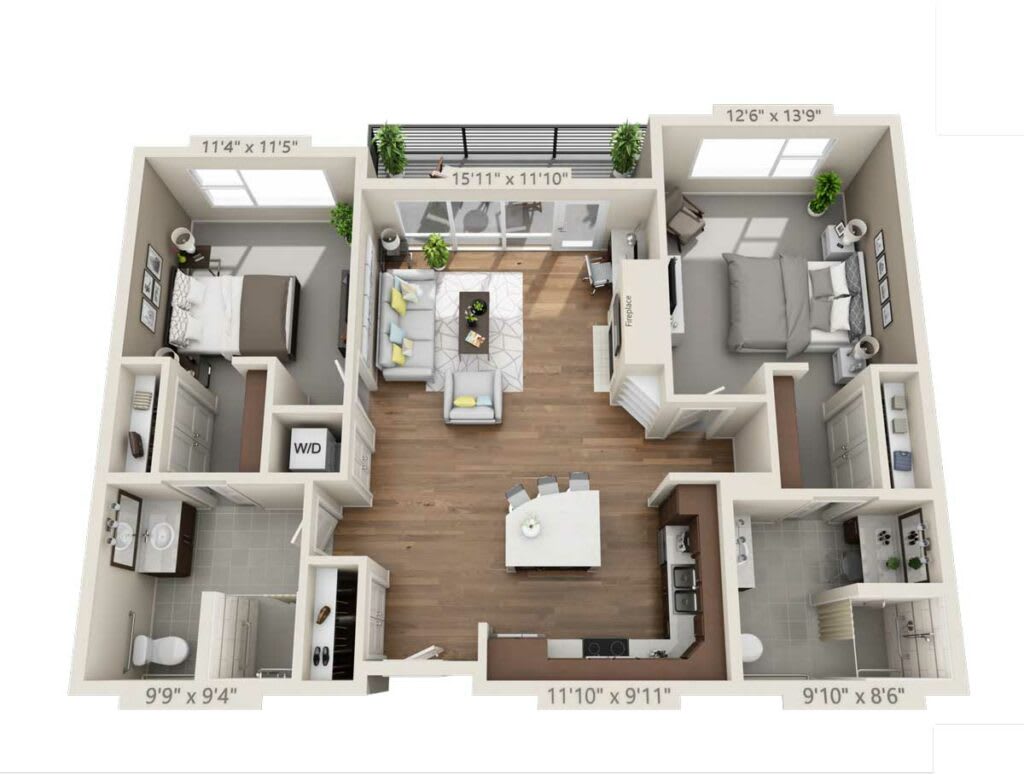 A 3D floor plan of a modern two-bedroom apartment featuring an open living area and kitchen.