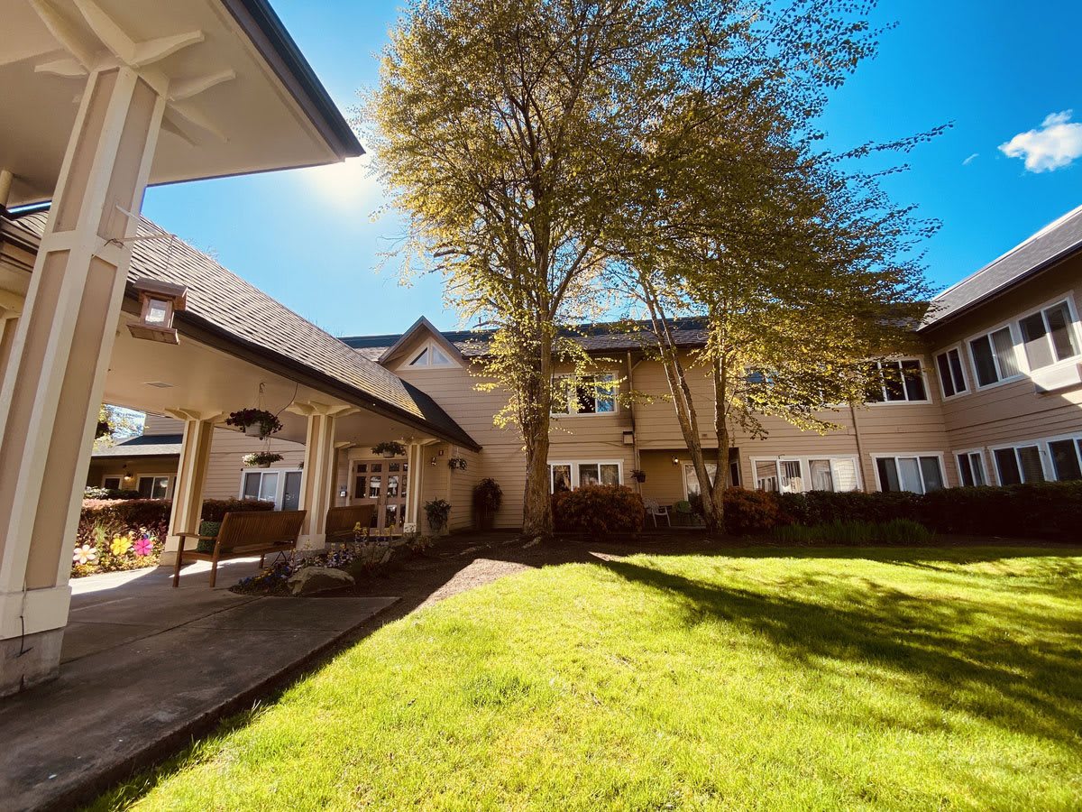 A scenic view of a building with a lush green lawn and a large tree under the bright sunshine.
