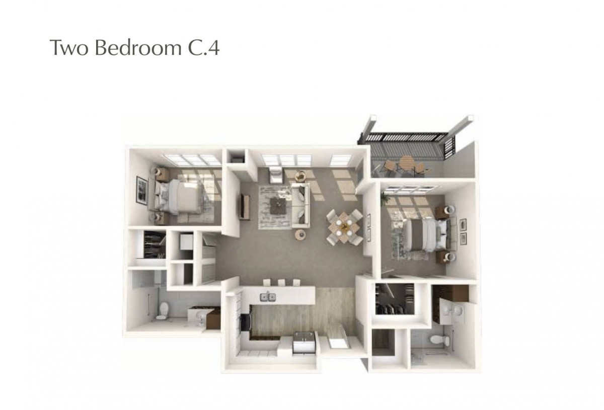 3D floor plan of an apartment with multiple bedrooms, a kitchen, and a living room.