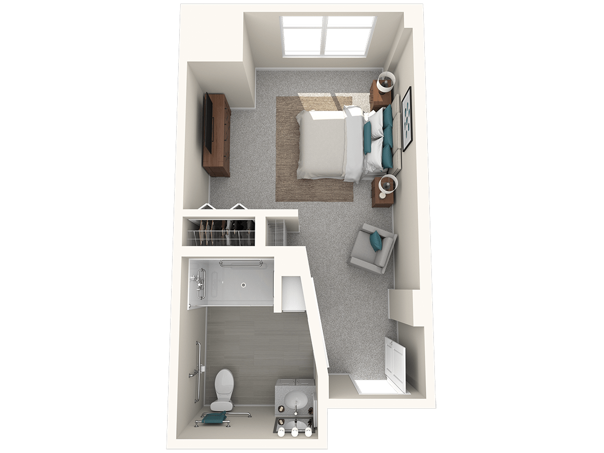 A 3D rendered floor plan of a minimalist studio apartment featuring a bedroom, bathroom, closet, and a small living area.