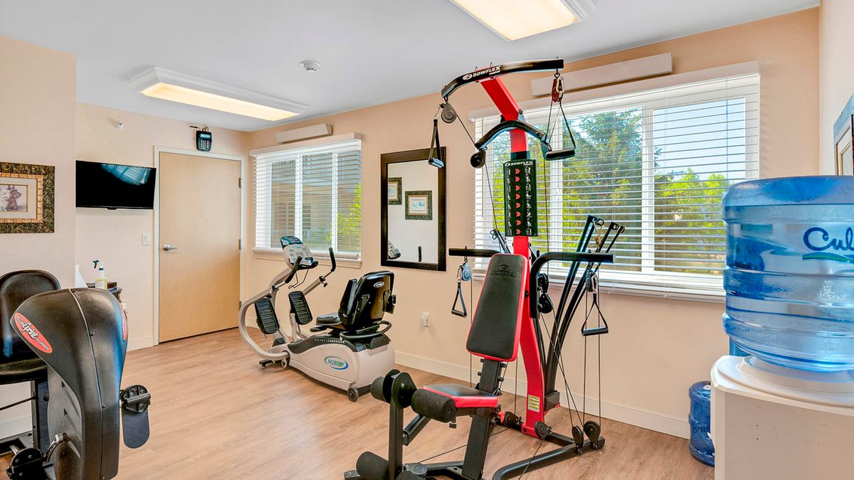A small gym with various exercise equipment, including a stationary bike and a multifunctional workout machine.