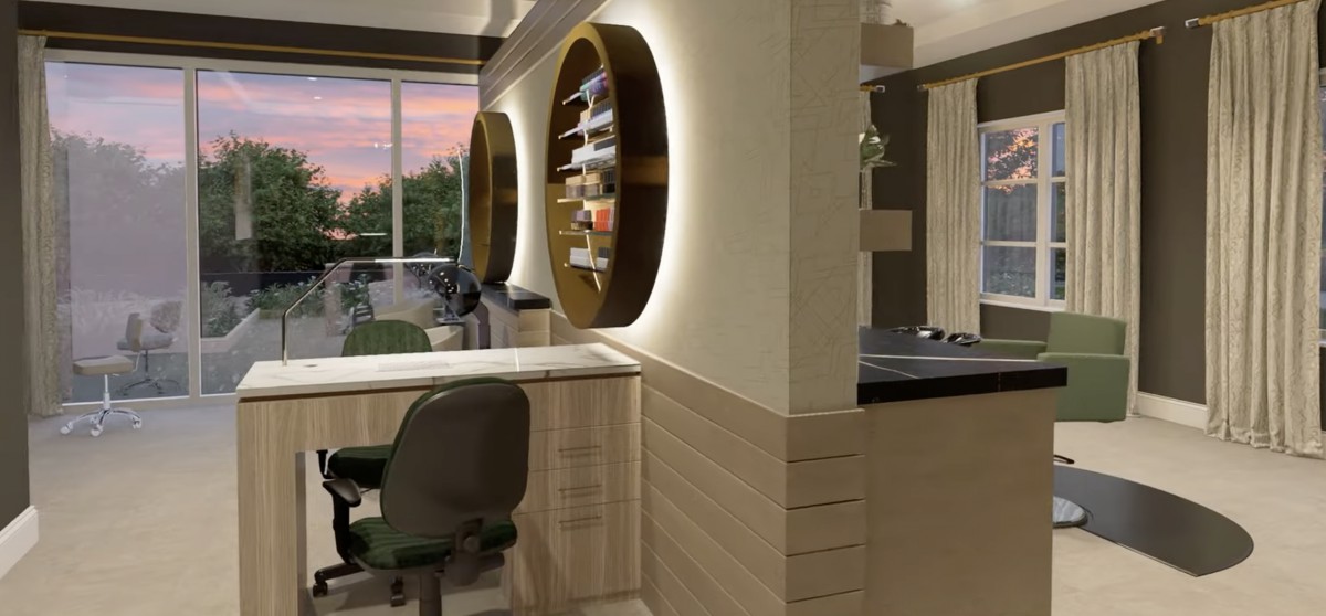 Modern office space with circular shelving and soft lighting.