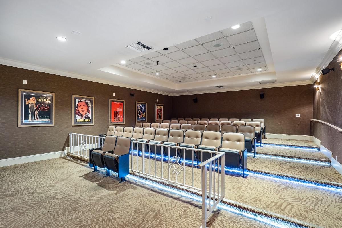 A cozy home theater with tiered seating and movie posters on the walls.
