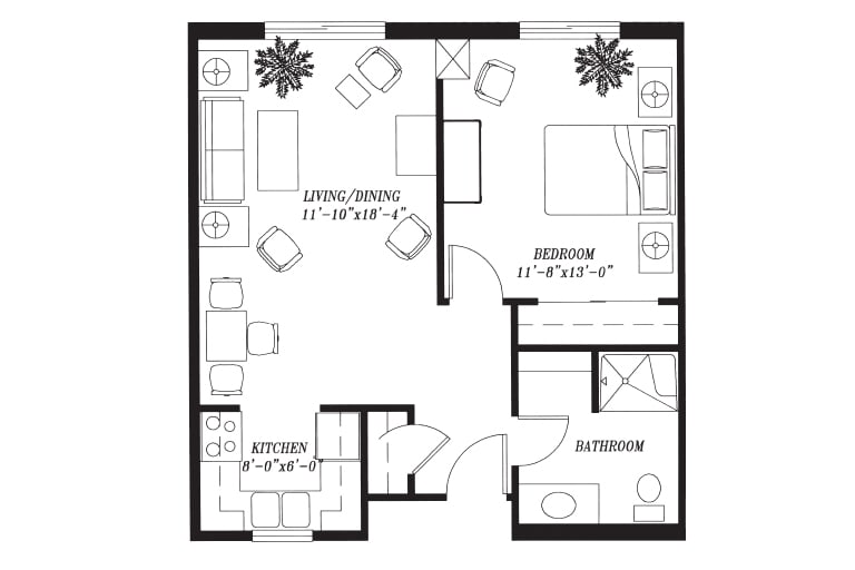 A floor plan of a one-bedroom apartment featuring a living room, kitchen, and bathroom.