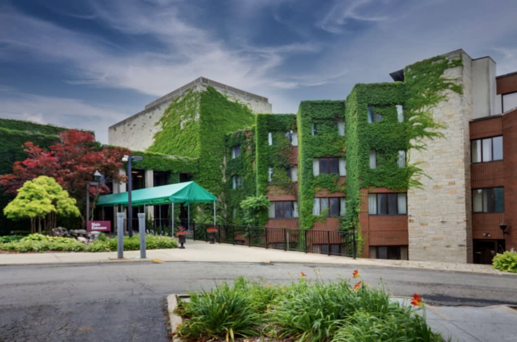 An ivy-covered building with a green awning surrounded by lush greenery and a clear blue sky.