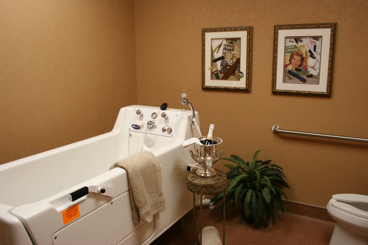 A cozy bathroom featuring a bathtub, decorative artwork, and a potted plant.
