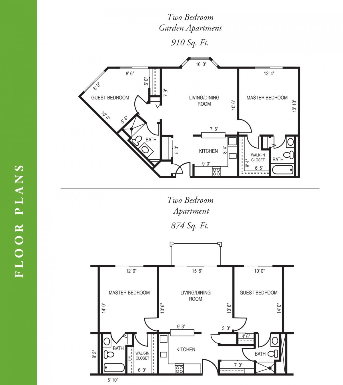 A comparison of one-bedroom and two-bedroom apartment floor plans.