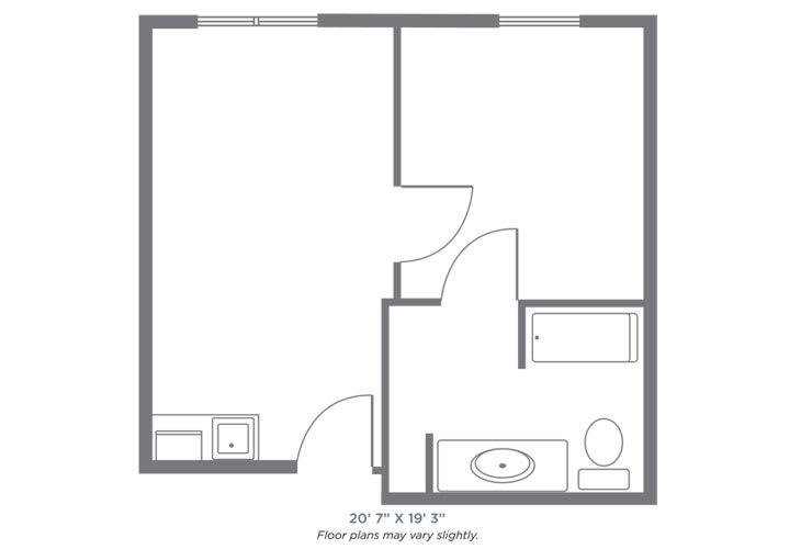 A simple floor plan showing a small apartment layout with a bathroom.