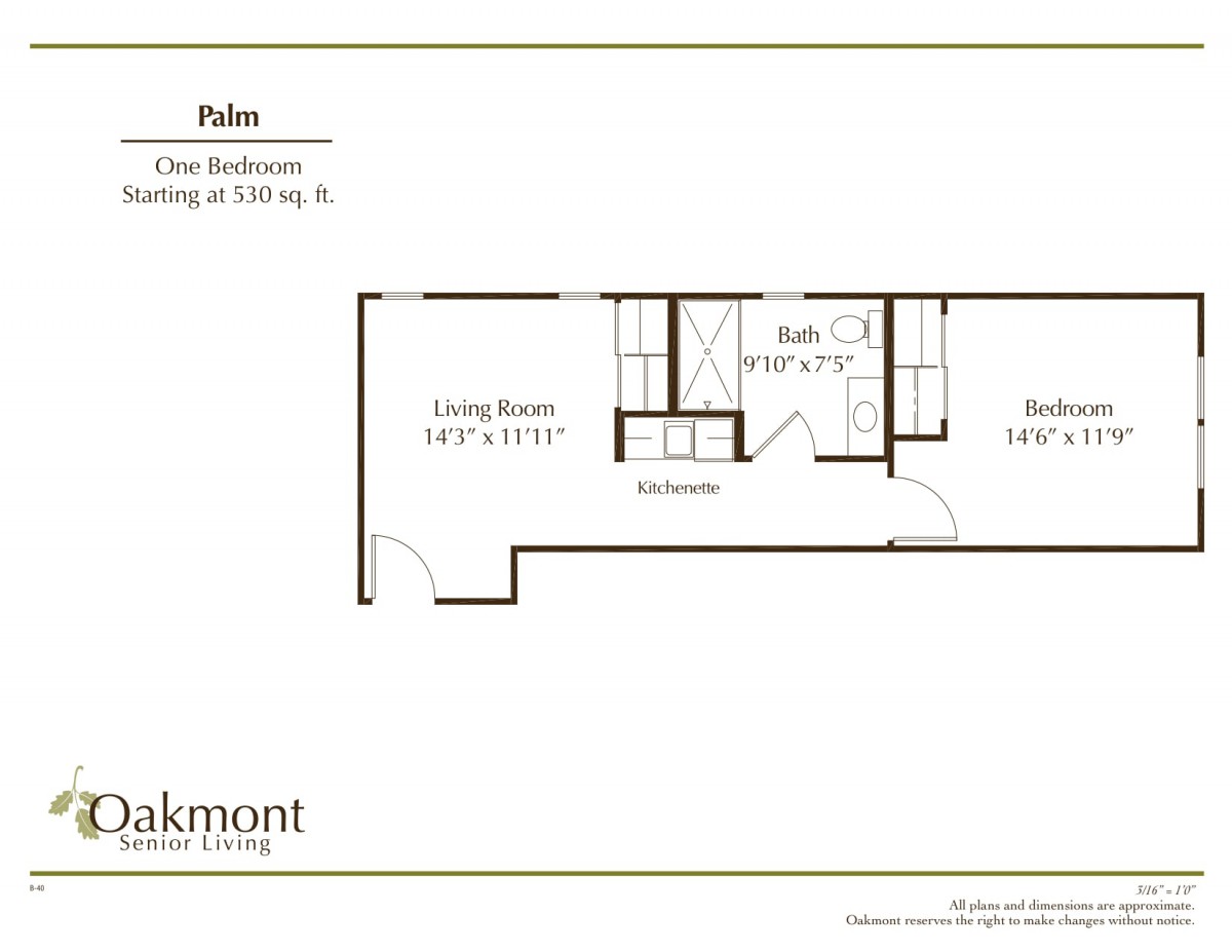 A floor plan of a one-bedroom apartment featuring a living room, kitchen, and bathroom.