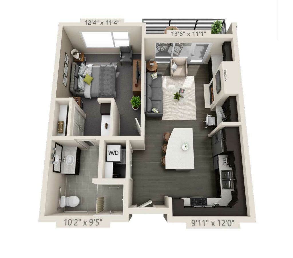 A modern 1-bedroom apartment floor plan with an open living and kitchen area.