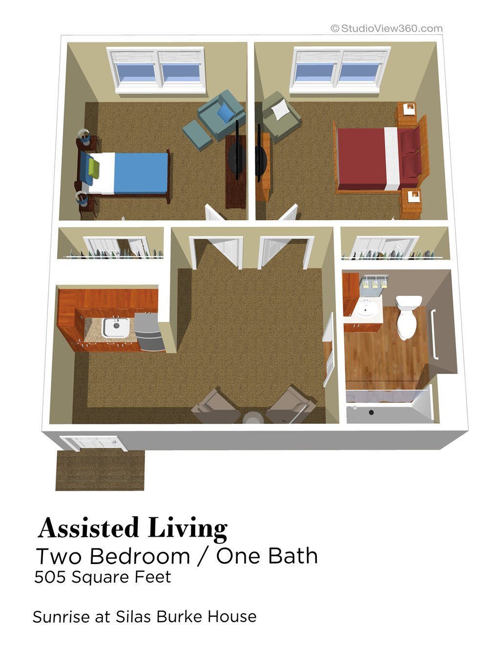 Floor plan of an assisted living unit with two bedrooms and one bathroom.