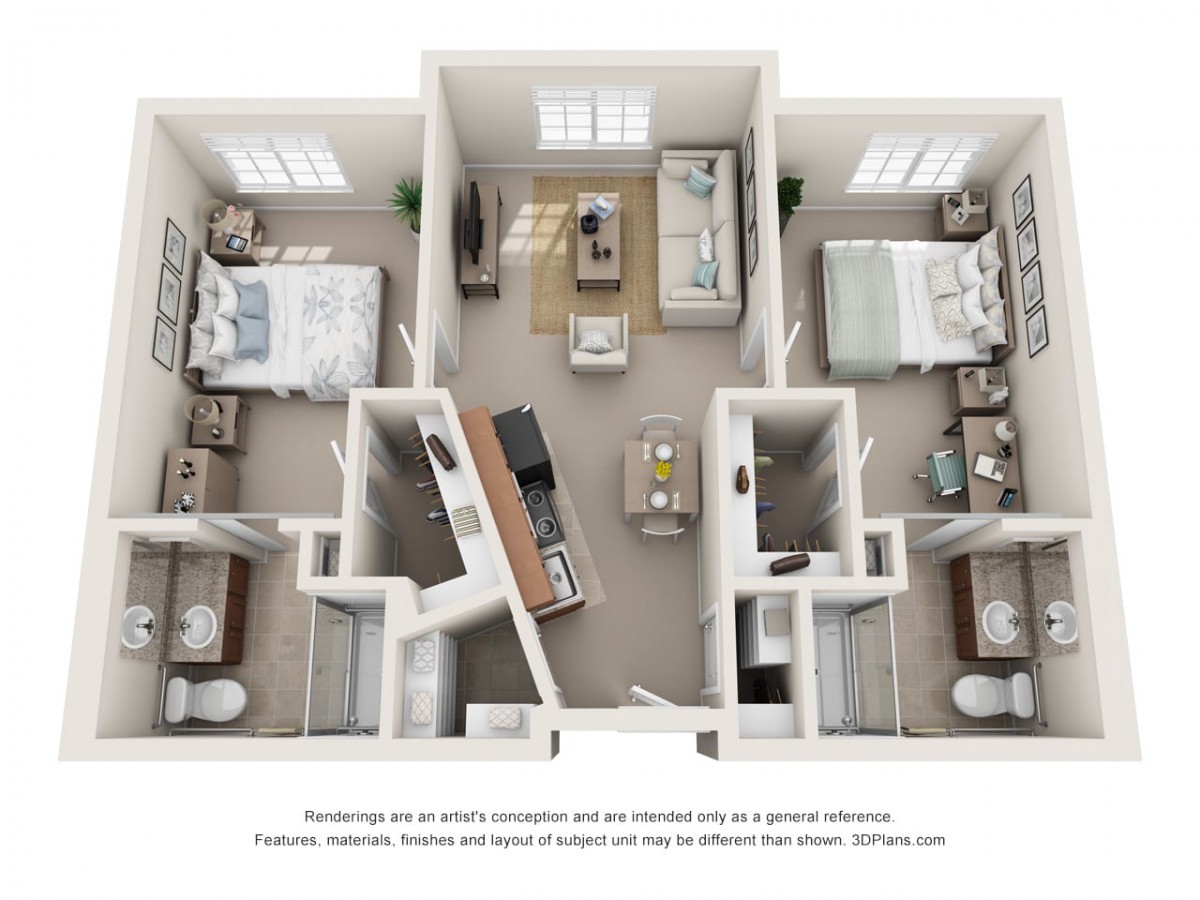 This is a floor plan of a two-bedroom apartment featuring a living area, kitchen, and bathrooms.