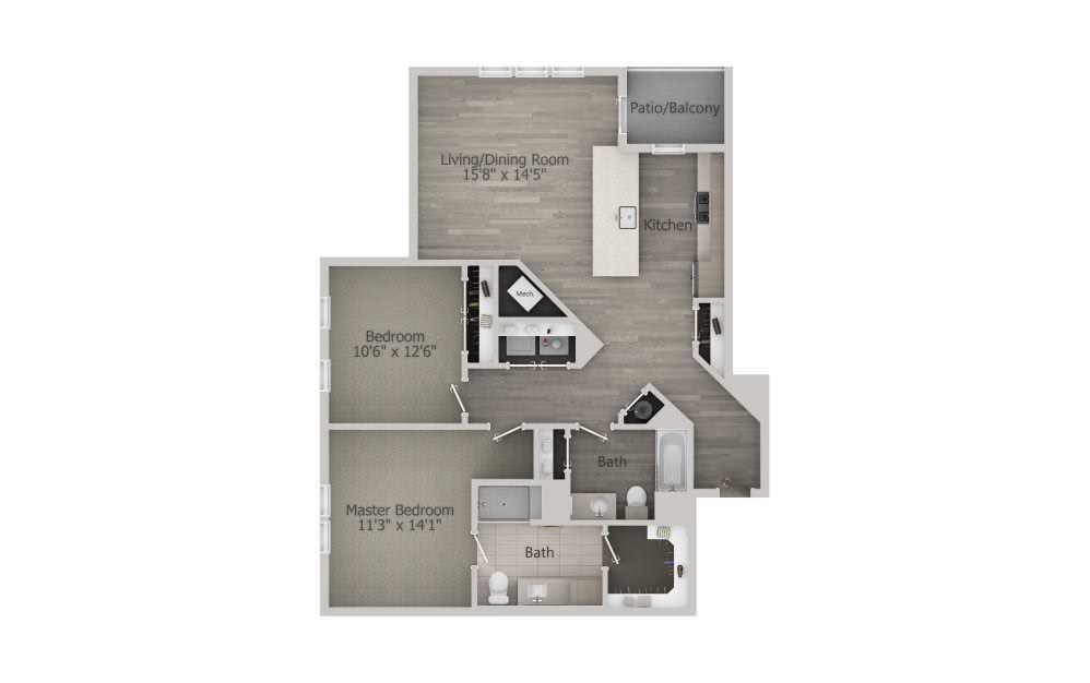 A two-bedroom apartment floor plan with designated living, kitchen, and bathroom areas.