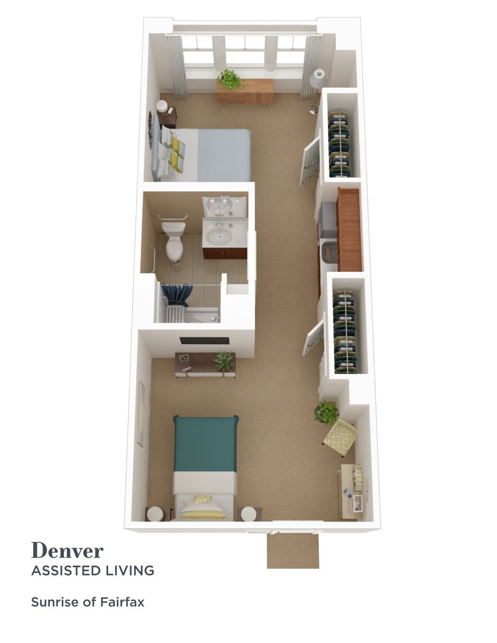 3D floor plan of a one-bedroom apartment with a living room, kitchen, and bathroom.