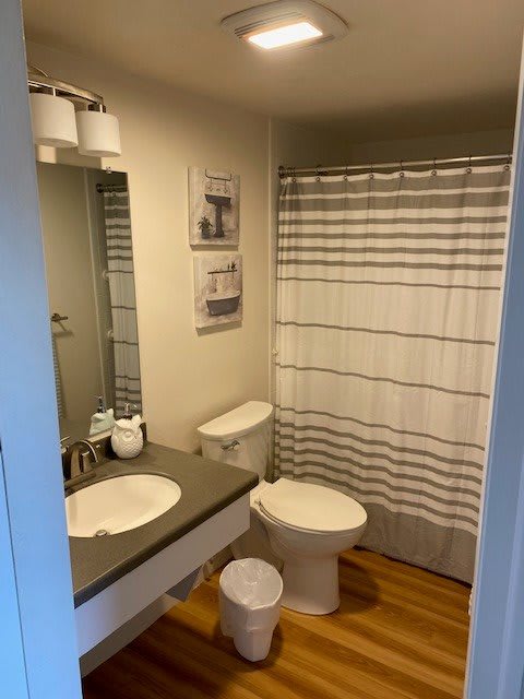A modern bathroom featuring a sink, toilet, and shower with a striped shower curtain.
