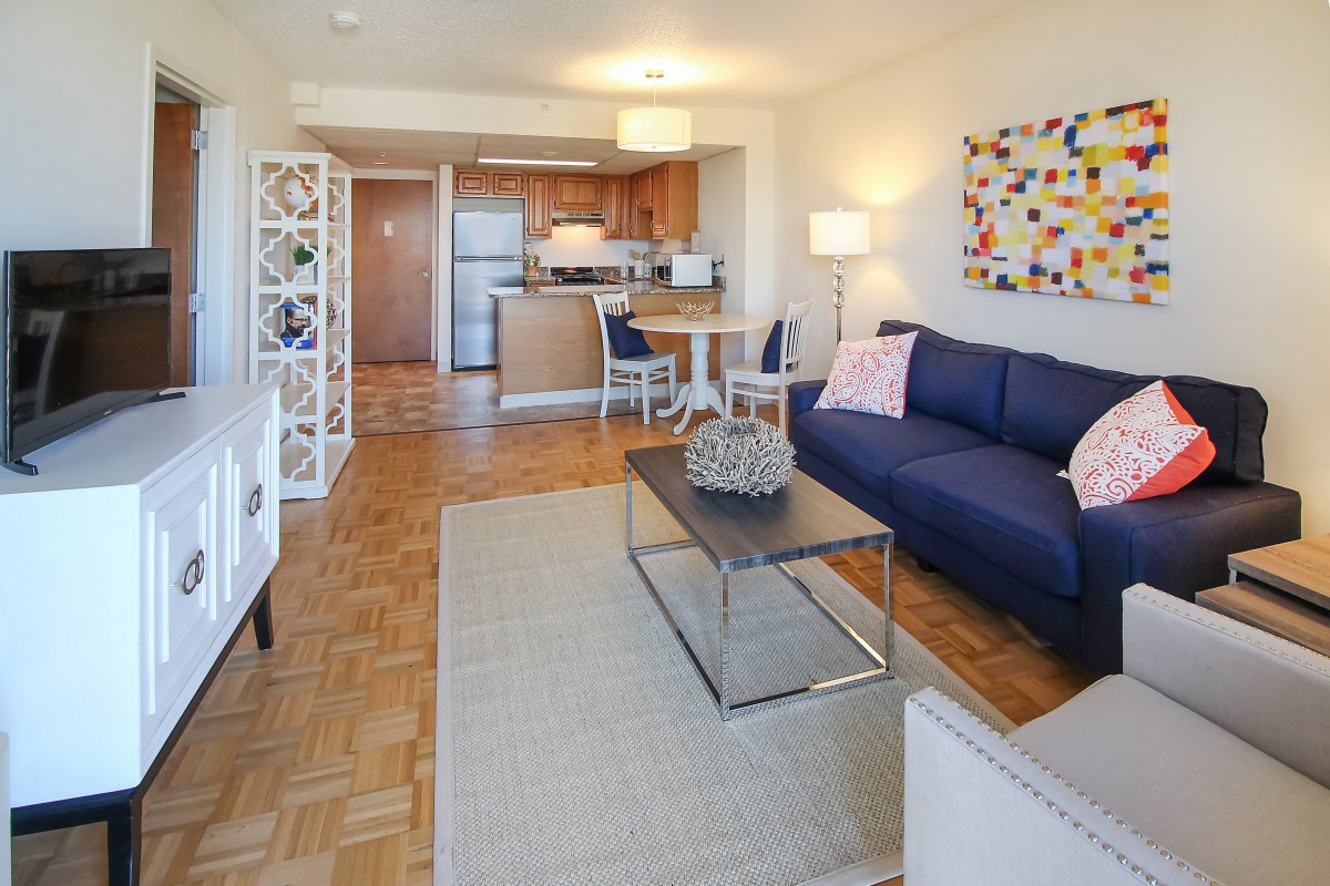 A modern open-concept apartment with a cozy living room and adjoining kitchen.