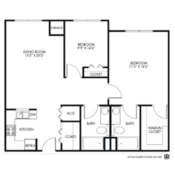 A floor plan of a two-bedroom apartment with labeled dimensions for each room.