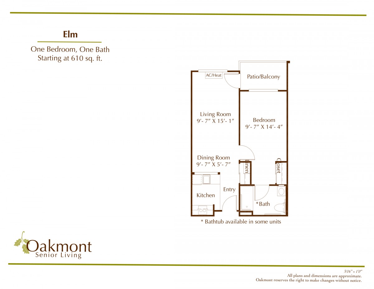 Floor plan of a one-bedroom, one-bath apartment at Oakmont Senior Living.