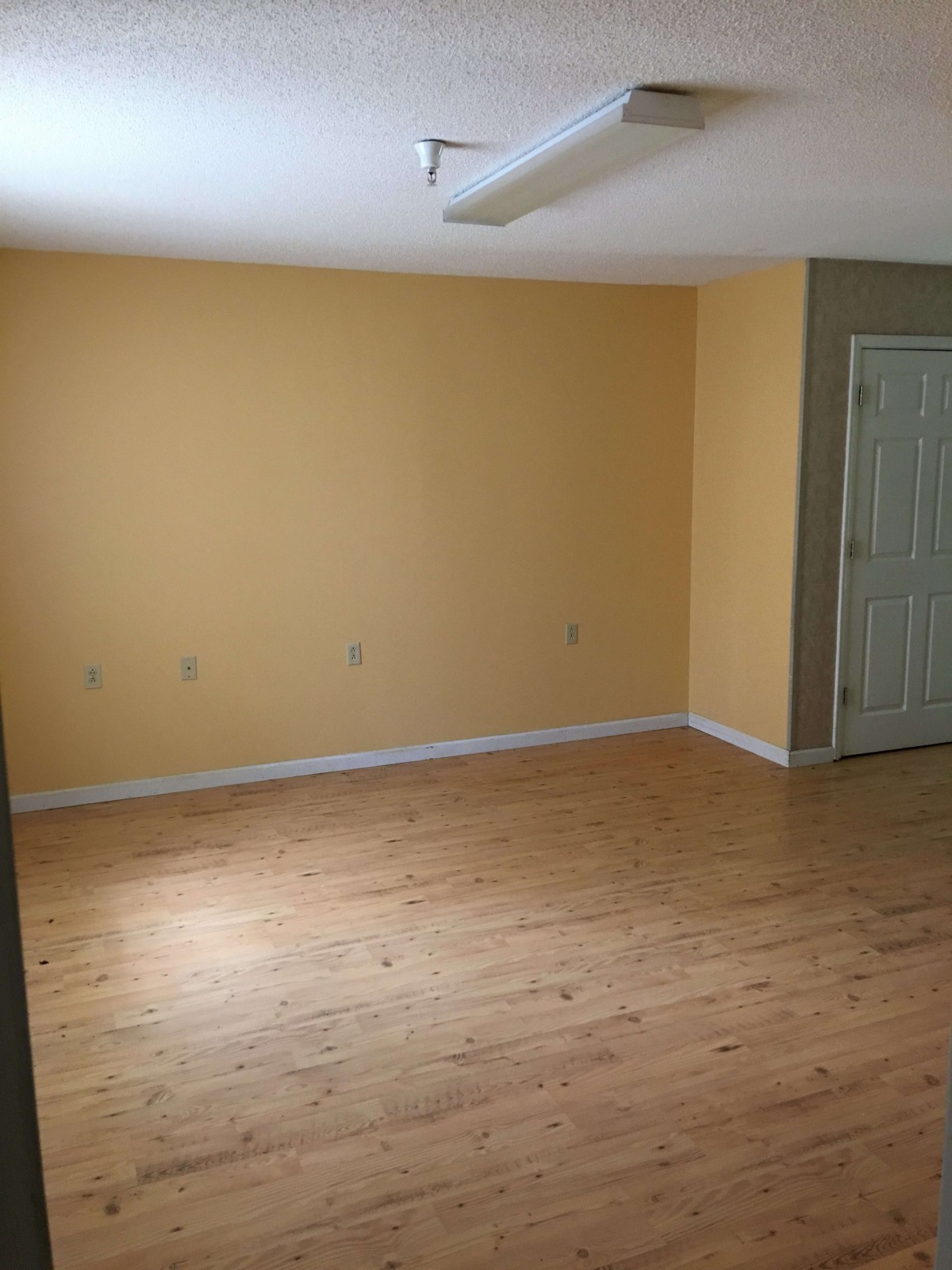 An empty room with yellow walls and a wooden floor.