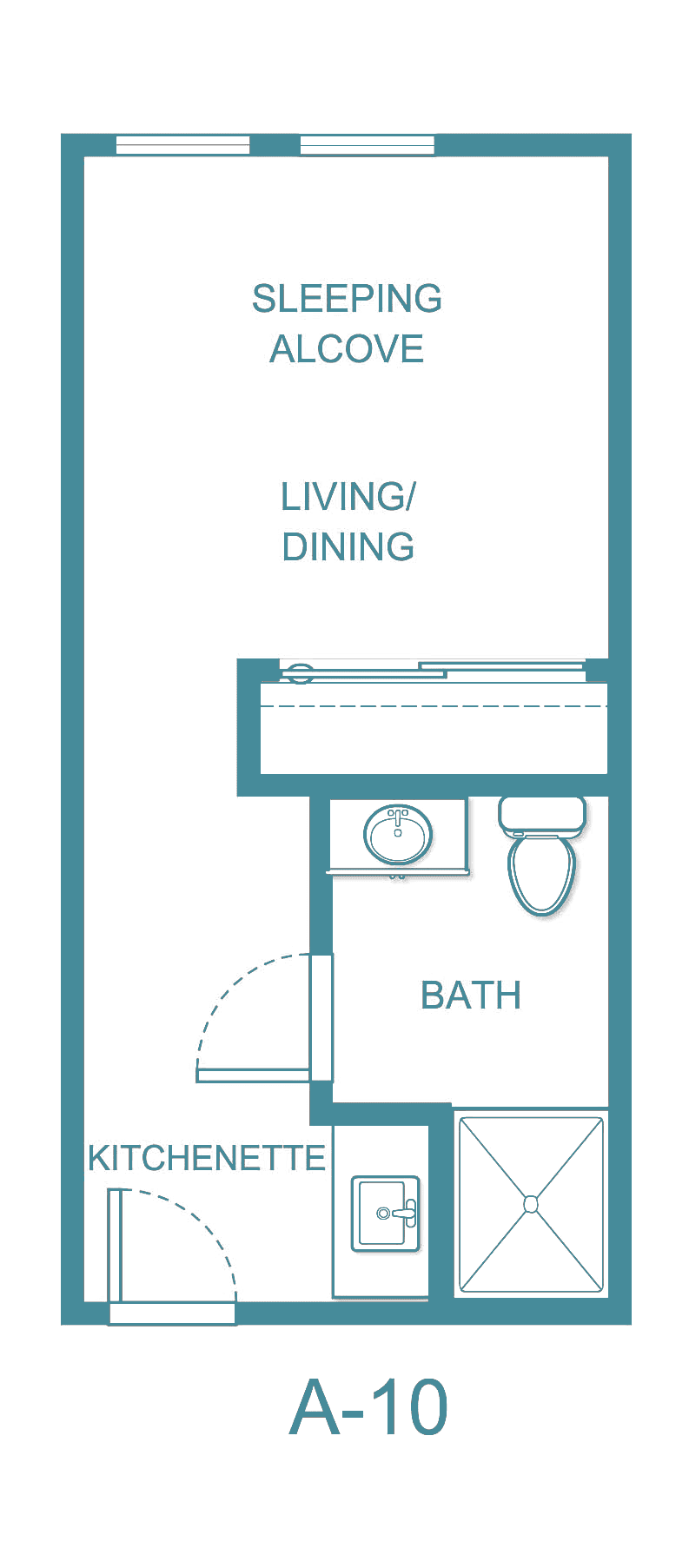 A floor plan featuring a living and dining area with an adjacent bathroom.